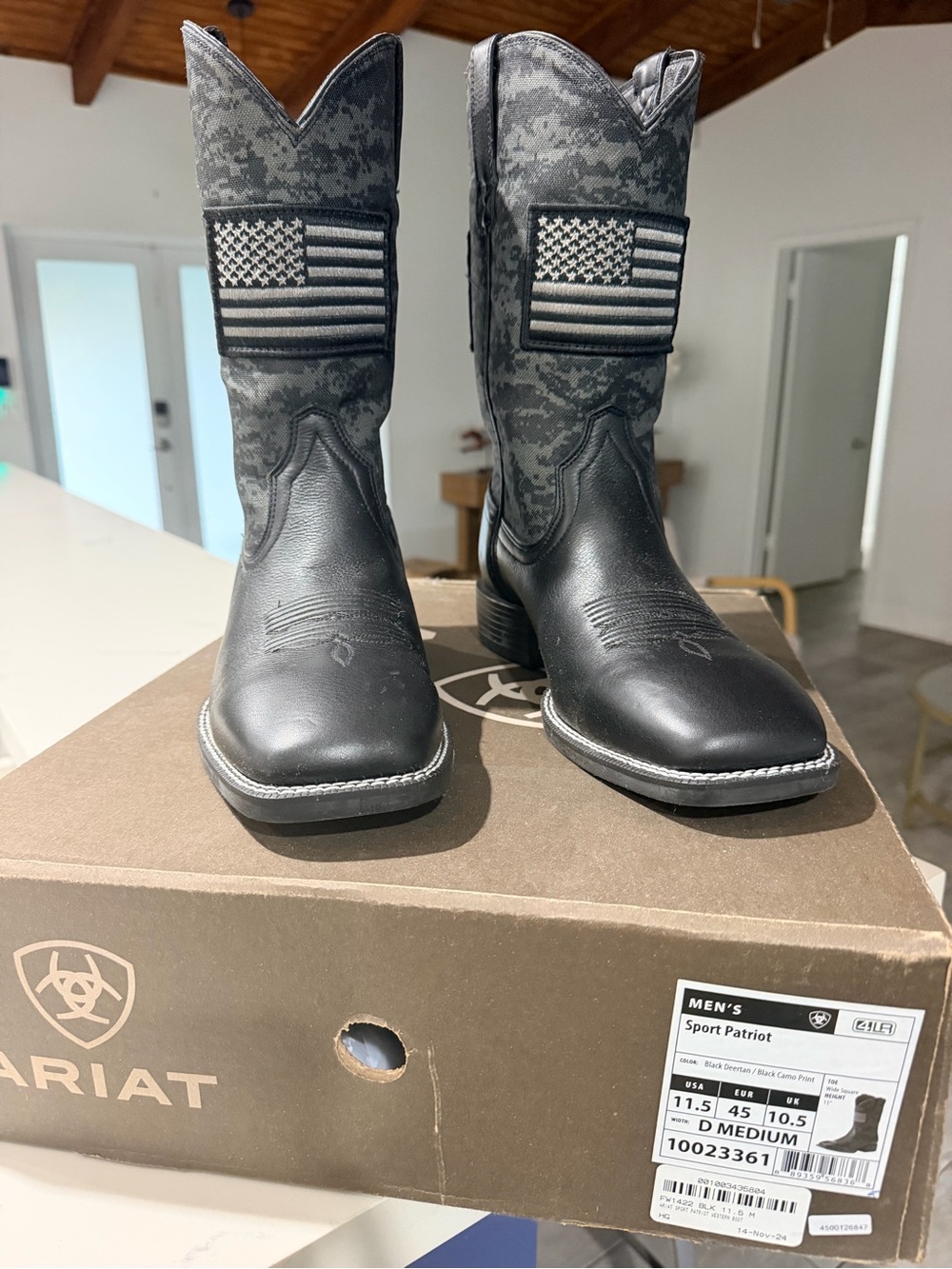 Ariat Black Leather & Gray Camo American Flag Cowboy Boots